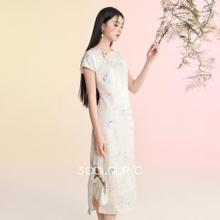 新中式 三彩 新款 2026春季 连衣裙提花绣花开叉长裙C 蝶栖云裳
