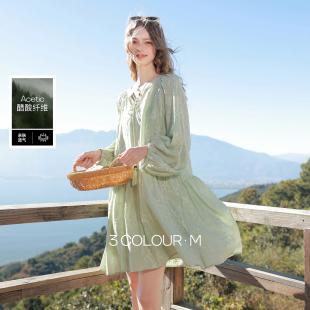 新款 三彩2026春季 V领绣花A字连衣裙宽松短裙吊带两件套M 醋酸