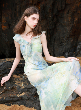 ibudu2025夏季新款系带V领荷叶边晕染印花雪纺连衣裙长裙