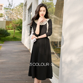 三彩2026春季 A字裙长裙优雅气质S 连衣裙波点拼接长袖 新款 法式