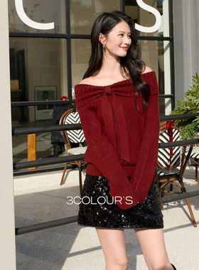 三彩2026春季新款红色两穿一字肩毛衣新年毛衫套头长袖气质S