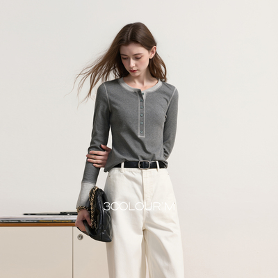 三彩2026春季新款圆领长袖简约T恤套头上衣打底修身短款M