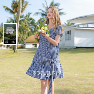 新款 三彩2026夏季 格纹连衣裙不规则百褶A字裙宽松M女 100棉