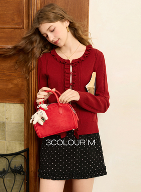 三彩2025冬季新款红色针织衫木耳边圆领毛衫开衫外套长袖显瘦M