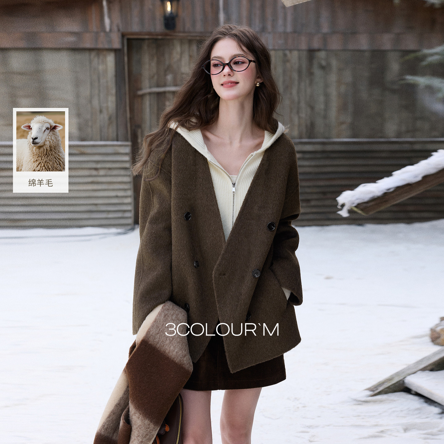 【100绵羊毛】三彩2025冬季新款复古宽松双面呢大衣毛呢外套保暖M