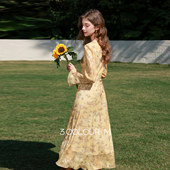 三彩2026春季 V领收腰A字裙长裙浪漫M 法式 新款 碎花连衣裙长袖