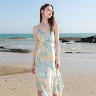 荷叶边V领A字连衣裙吊带裙印花雪纺裙M 法式 三彩2026春季 新款