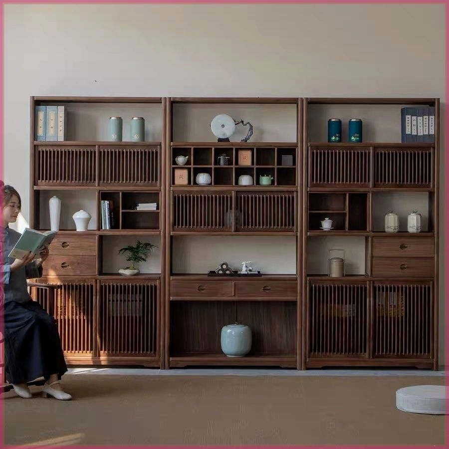 新中式老榆木博古架书架茶叶茶具实木展示架茶室茶架子多宝阁古风