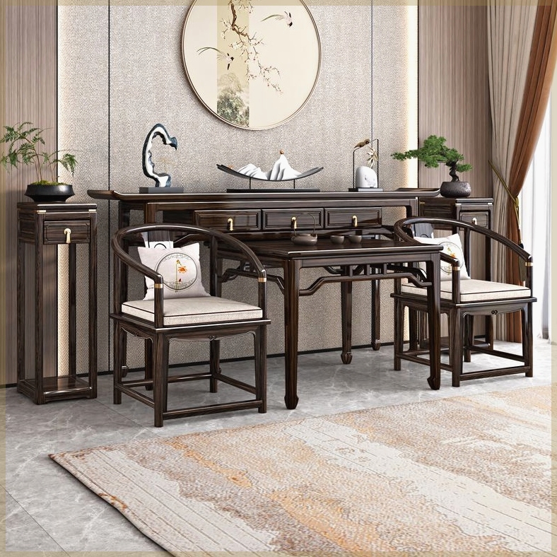 新中式乌金木实木中堂六件套别墅客厅条案供台贡桌供桌条案八仙桌