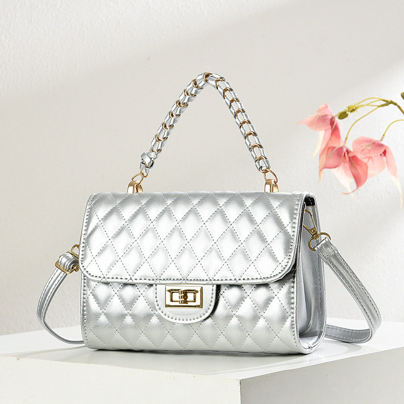 2025夏季新款银色手提小香风包包女时尚百搭女士菱格单肩斜挎包潮