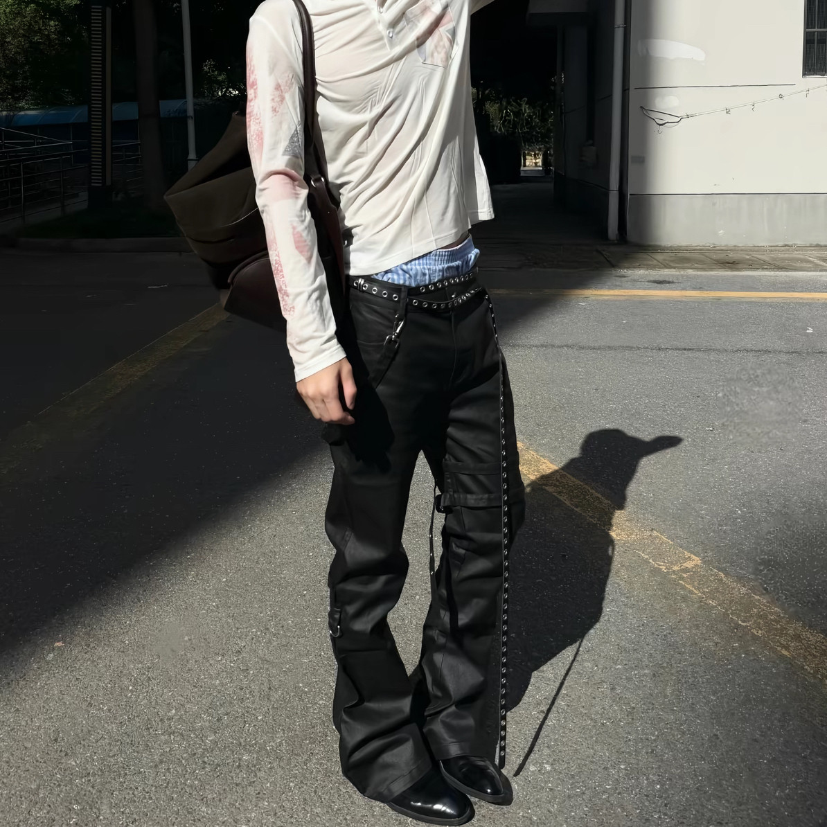 美式ro绑带魔术贴涂层牛仔蜡裤男图片