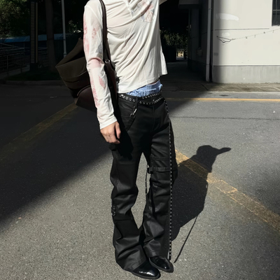 美式ro绑带魔术贴涂层牛仔蜡裤男