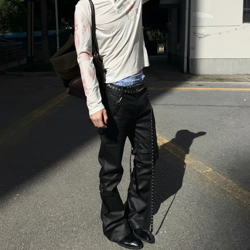 美式ro绑带魔术贴涂层牛仔蜡裤男