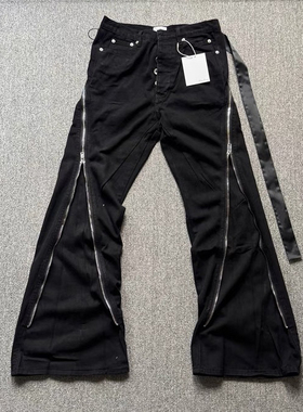 美式RO风黑色飘带旋转大拉链拖地喇叭牛仔裤王嘉尔同款男女潮长裤