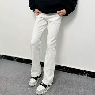 美式cleanfit水洗白色弹力微喇牛仔裤窄版显瘦直筒修身加长裤子男