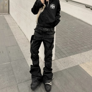【包邮】美式街头ro风格手工刷蜡绑带涂层喇叭牛仔裤男女拖地裤子