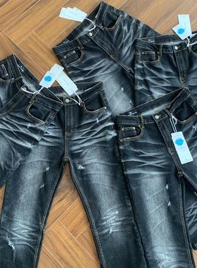 美式cleanfit复古水洗黑灰猫须破洞微喇弹力牛仔裤517风长裤子男