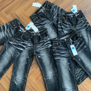 美式cleanfit复古水洗黑灰猫须破洞微喇弹力牛仔裤517风长裤子男