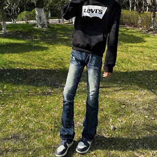 子男潮 显腿长百搭517长裤 美式 vintage复古闪电裂纹破洞微喇牛仔裤