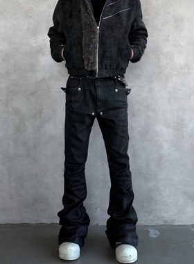 RO风黑色涂层蜡面褶皱喇叭裤美式小众牛仔裤铆钉显瘦拖地长裤子男