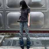 型高弹雾蓝牛仔裤 美式 高街vibe风冰蓝裂痕水洗立体猫须弯刀版 男女