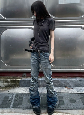 美式高街vibe风冰蓝裂痕水洗立体猫须弯刀版型高弹雾蓝牛仔裤男女