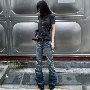 男女 型高弹雾蓝牛仔裤 美式 高街vibe风冰蓝裂痕水洗立体猫须弯刀版