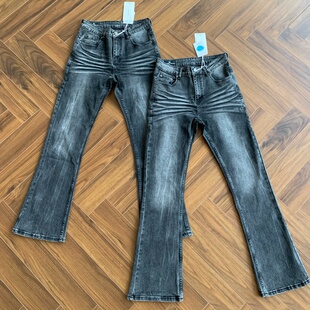 Cleanfit517黑灰色压皱立体猫须牛仔裤水洗微喇修身显瘦长裤子男