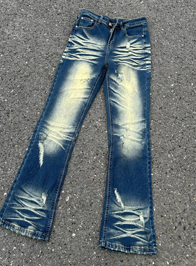 美式复古水洗猫须破洞微喇弹力牛仔裤cleanfit517风格vibe长裤子