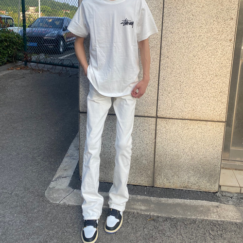 美式水洗白色Cleanfit牛仔裤微喇