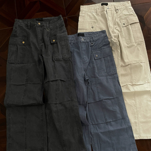 DC+美式vintage法工蓝双膝褶皱伐木伞兵工装裤直筒休闲长裤子男潮