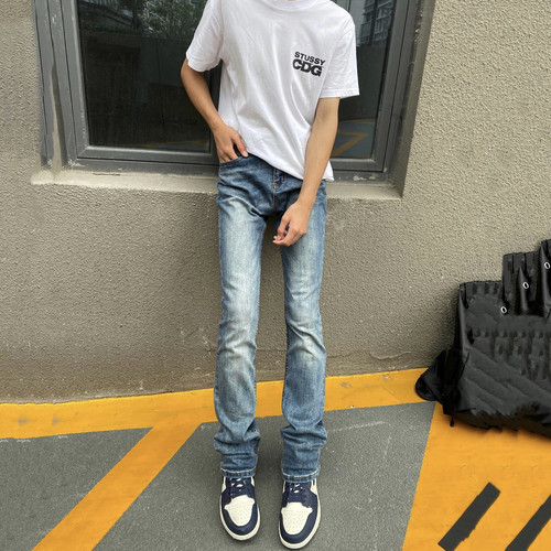 欧美自主517版型浅蓝牛仔裤微喇