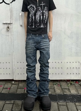 【现货】美式重磅bootcut脏染微喇修身做旧牛仔裤Cleanfit长裤男