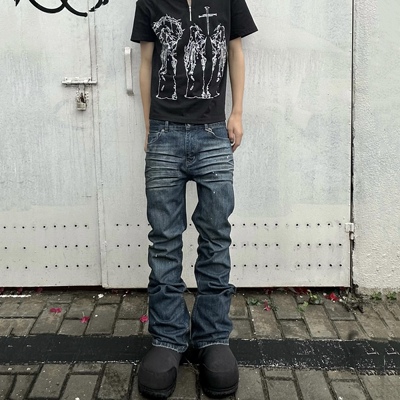 脏染微喇修身做旧牛仔裤Cleanfit