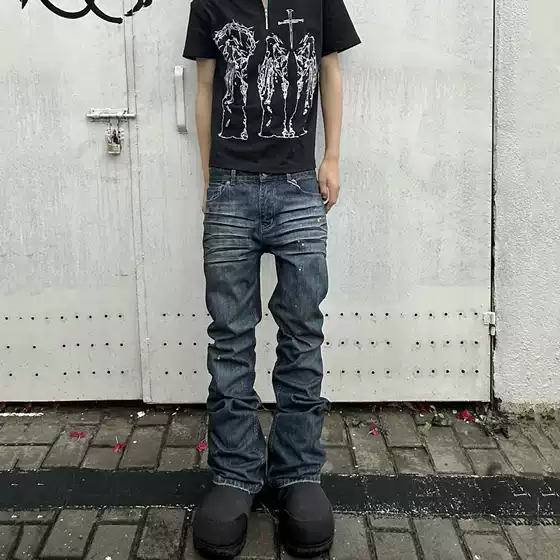 [in Stock] American-Style Heavy Bootcut Dirty-Dyed Flared Slim-Fit Distressed Jeans Cleanfit Long Pants for Men