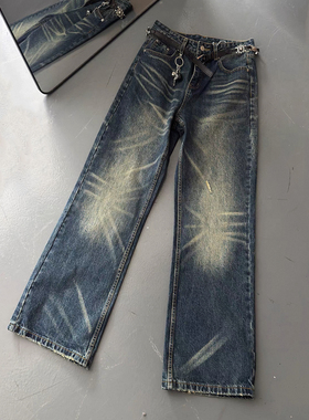 DC+复古猫须纹vantage牛仔裤男女美式街头宽松显瘦休闲廓形长裤子