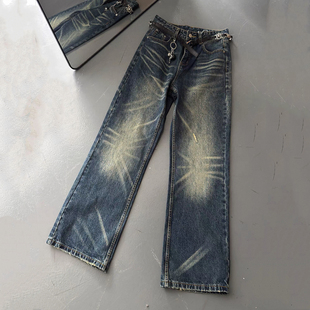 DC+复古猫须纹vantage牛仔裤男女美式街头宽松显瘦休闲廓形长裤子