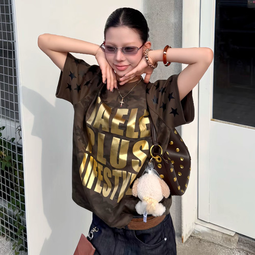 美式复古字母印花迷彩星星男女