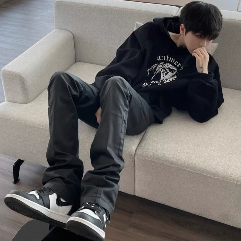 黑色直筒涂层湿蜡修身百搭堆积男