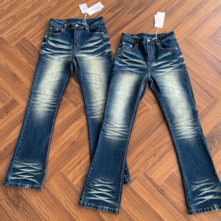 美式Cleanfit风重磅水洗深蓝立体猫须牛仔裤微喇修身做旧长裤子男
