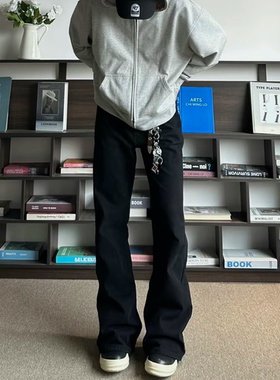 改良款巴黎神裤复古水洗做旧Bootcut23黑色宽松微喇牛仔裤长裤男