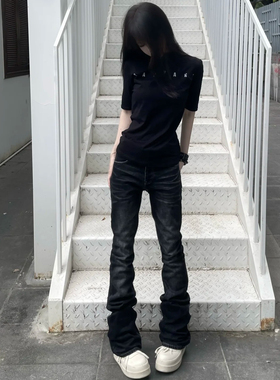 辣妹风美式cleanfit水洗修身微喇高街vibe弹力黑灰517牛仔裤男女