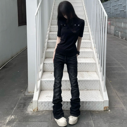 辣妹风美式cleanfit水洗修身微喇高街vibe弹力黑灰517牛仔裤男女