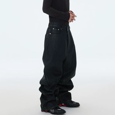 重磅硬挺深裆宽松直筒拖地牛仔裤