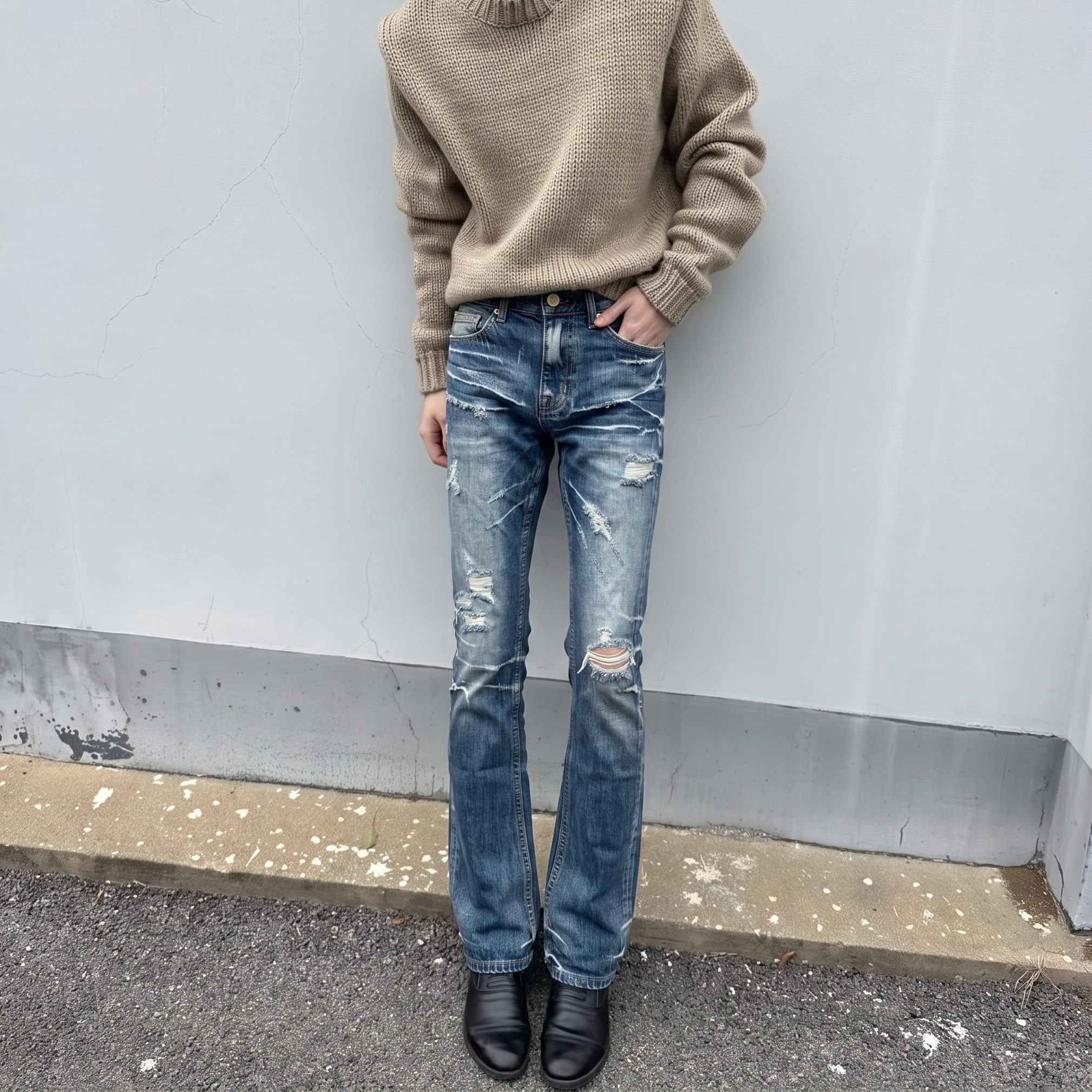 坏水洗闪电蓝修身弯刀破洞牛仔裤图片