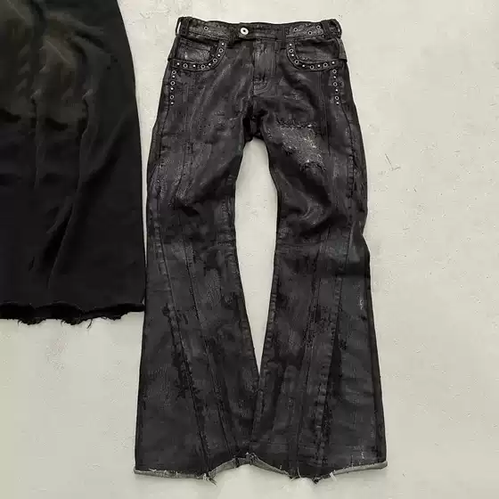 2026Aw Original Dark Low-Rise Waxed Washed Rivet Slim Fit Bootcut Jeans Men's Trendy Pants