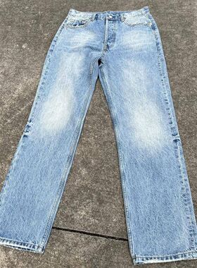欧美自主501风格vintage水洗雪花纹冰蓝直筒牛仔裤cleanfitvibe风