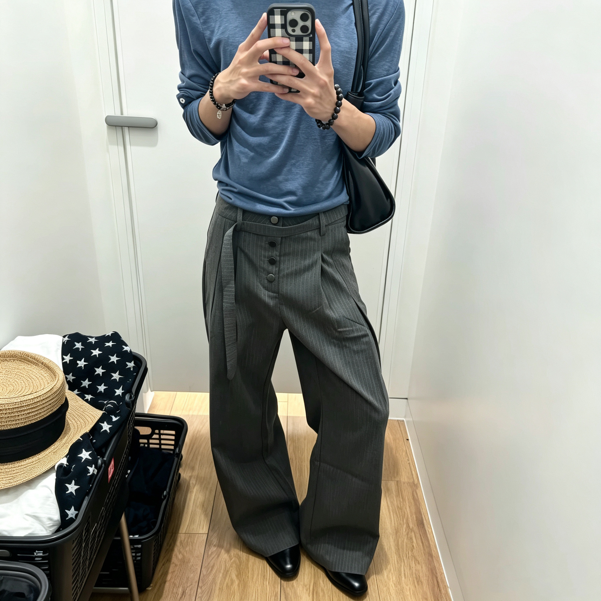 禅宗打褶排扣直筒条纹西裤剑道男图片