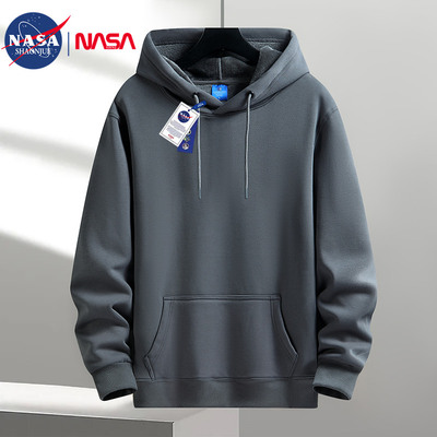 NASA秋冬季美式潮牌宽松连帽卫衣男加绒加厚纯色青年帽衫外套潮
