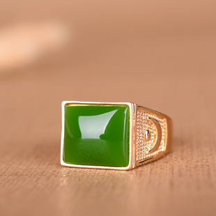 青峰玉业和田玉碧玉方形戒指 925银镶嵌玉石戒指男款银镶玉指环活